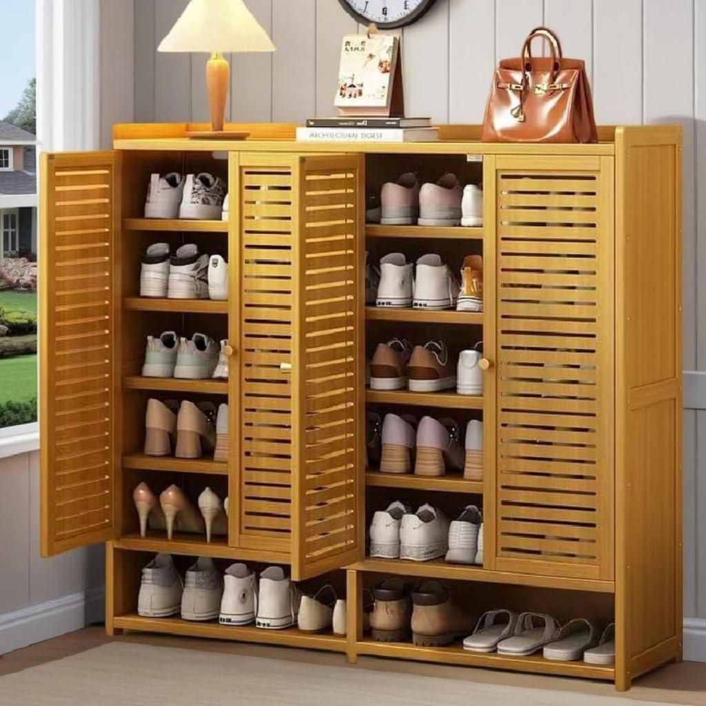 WMIASIN 7-Tier Shoe Rack Cabinet, Bamboo Shoe Cabinet with Doors, 36-40 Pairs Freestanding Shoes Cabinet Organizer，Large Shoe Cabinet for Entryway, Hallway, Living Room