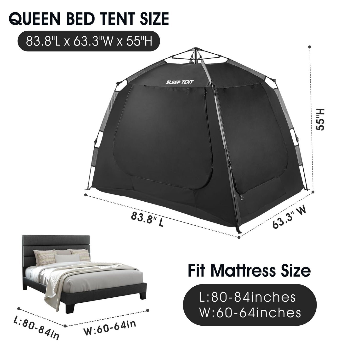 YAVIL Portable Bed Tent Bed Canopy Queen Size,ONE-Click Sleeping Tent Breathable Indoor Tent Privacy Large Space with 3 Doors for Kids and Adult