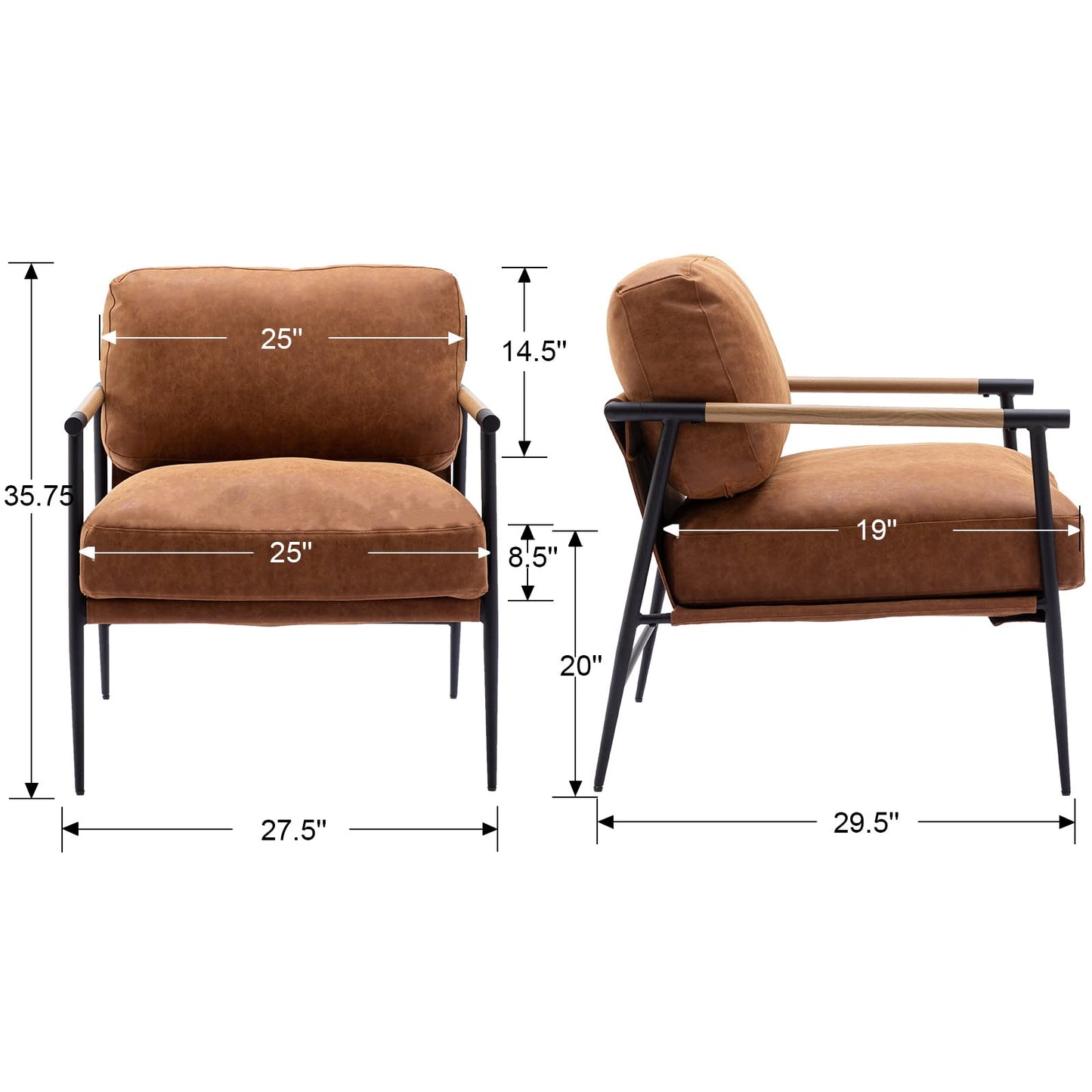 Ya-Home Mid-Century Accent Chair Set of 2, Soft Armchair PU Leather Lounge Chair with Black Metal Legs, Upholstered Leisure Chair for Living Room Bedroom Reception Room, Brown