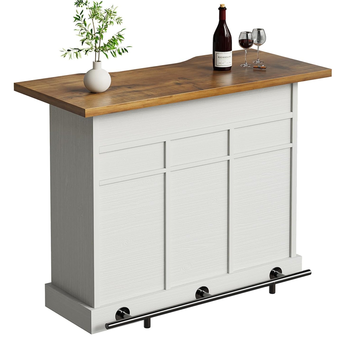 52 Inch Large Home Bar Unit with Foot Rail, 4-Tier Storage Bar Table with 3 Drawers, Farmhouse Wine Bar Cabinet with 9 Wine Rack & 2 Barn Doors, Home Bar Unit with Storage for Living Room, White