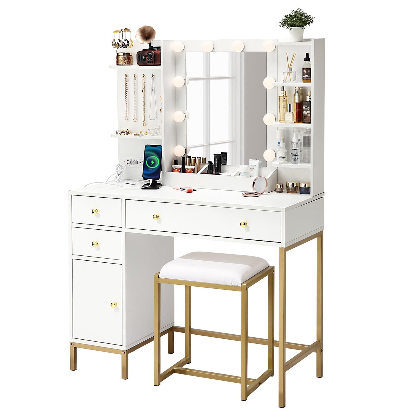 White Vanity Desk Set with Stool Mirror Lights 3 Color Lighting Dressing Table Makeup Station Charging Ports Large Beauty Desk for Bedroom Vanity Area