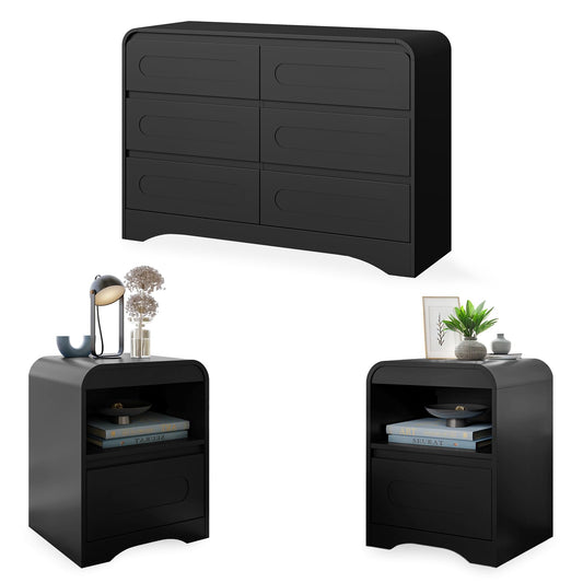 3 Pcs Bedroom Set, Modern Bedroom Furniture Set, Wood 6 Drawer Dresser and 2 Drawer Nightstand Set of 2, Chest of Drawers Wide Storage Organizer Cabinet Set, Black