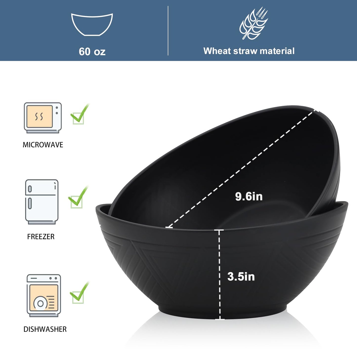 Wrova 65oz Big Wheat Straw Bowls - Large Salad Bowls set of 6 - Unbreakable Serving Bowls - Microwave & Dishwasher Safe - Oval Bowls for Cereal,Salad,Fruit - Pure Black
