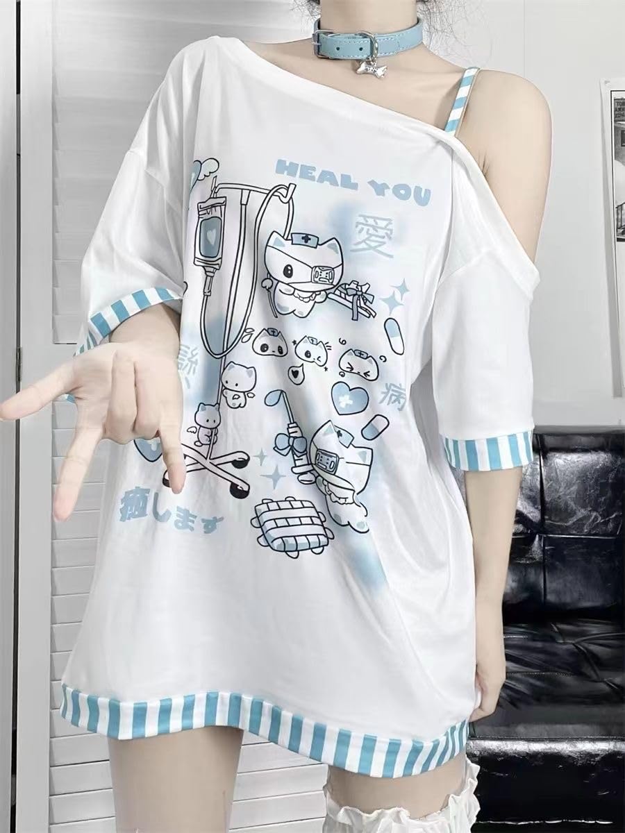 Y2k Harajuku Cartoon Print T Shirts Gothic Women Japanese Fashion Patchwork Off Shoulder T Shirt Kawaii Sweet Tees Tops (White,Small,Small)