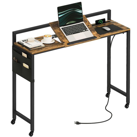YATINEY Overbed Table with Wheel, Laptop Table Charging Station, Recliner Table with Adjustable Stand and Storage, Over Bedside Tables for Home, Dormitory, Sofa, Rustic Brown and Black SF03UBR