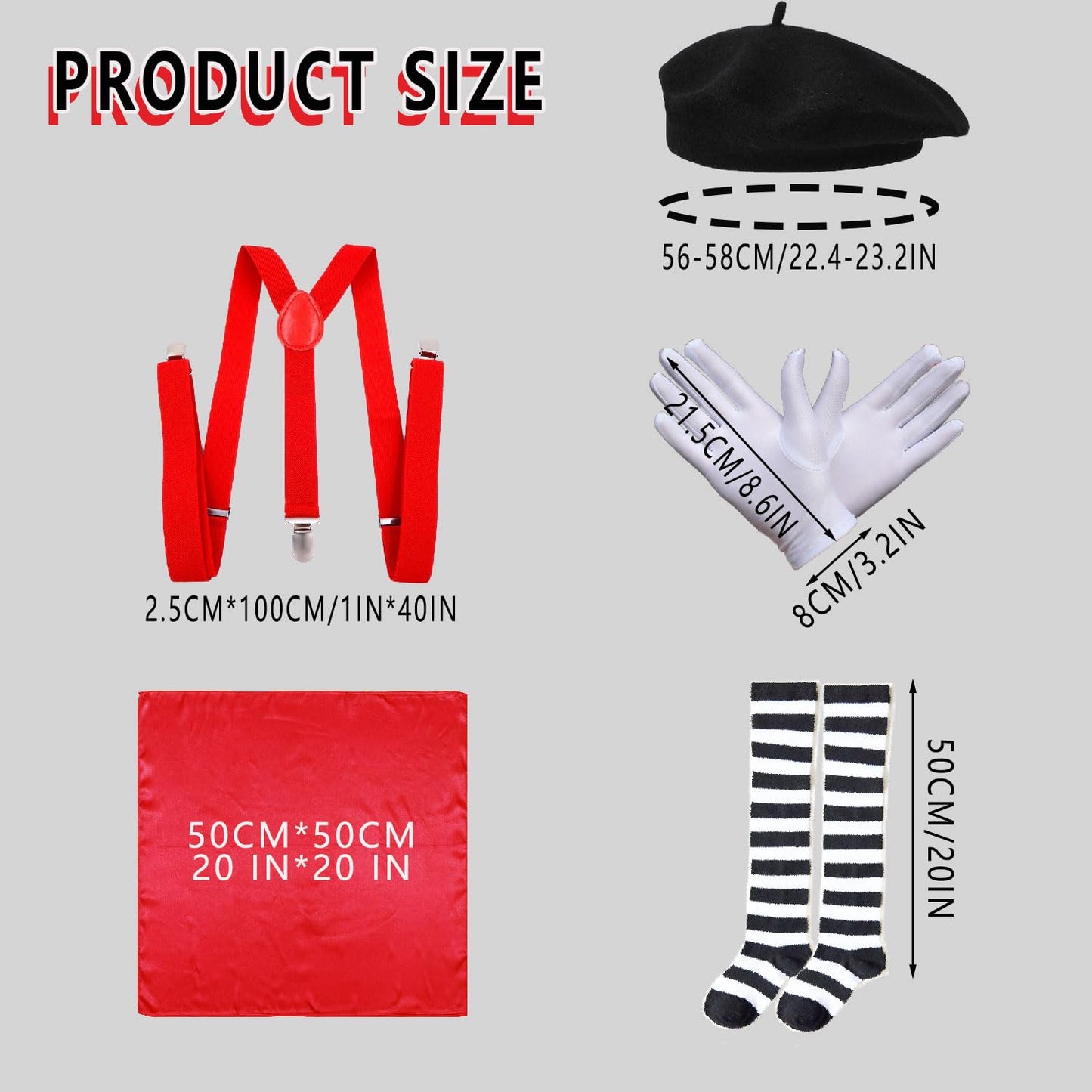 5 Pcs Mime Artist Costume Accessories Set Women French Mime Cosplay Outfit Includes Black Beret Red Suspender Scarf White Gloves and Black White Stripe Socks for Halloween Theme Party Dress up Decor