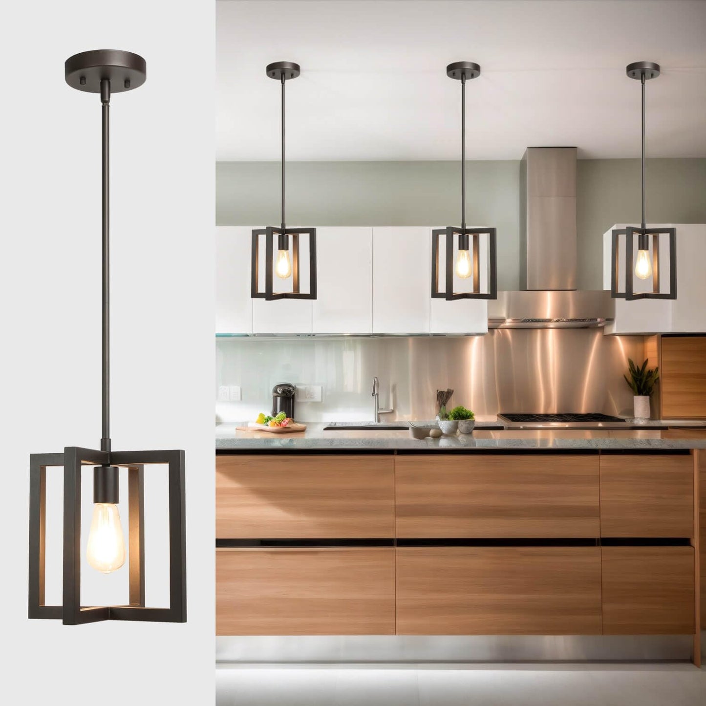 XiNBEi Lighting Cage Pendant Light, 1-Light Farmhouse Kitchen Island Hanging Light Fixture, Dark Bronze Adjustable Pendant Lighting for Dining Room Bedroom Hallway Entryway XB-P339-DB