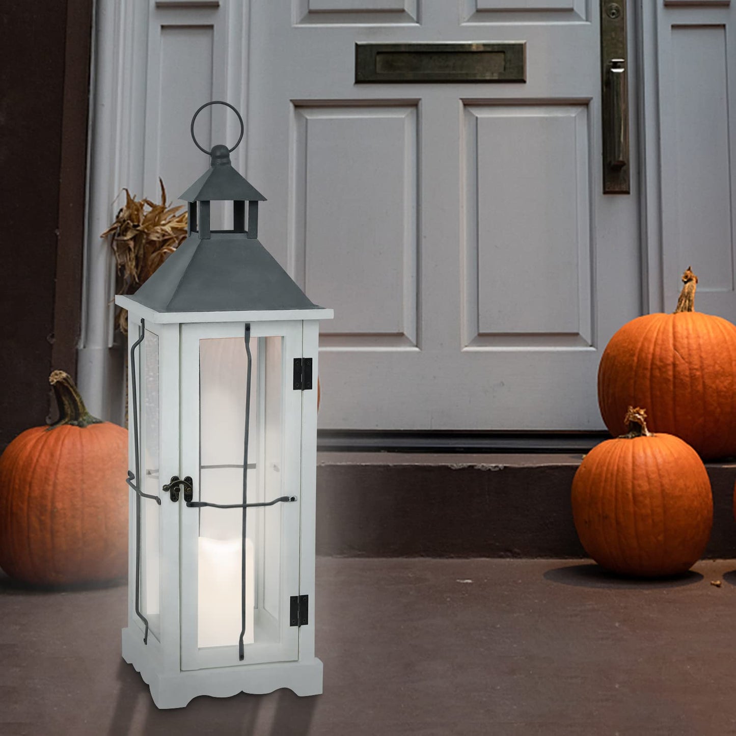 2 Pack 26in Farmhouse White Waterproof Wood Metal Decorative Lanterns with Remote Control, Timer, Tempered Glass, Flameless Pillar Candles, Decorative Lanterns for Home Decor, Front Porch, Wedding