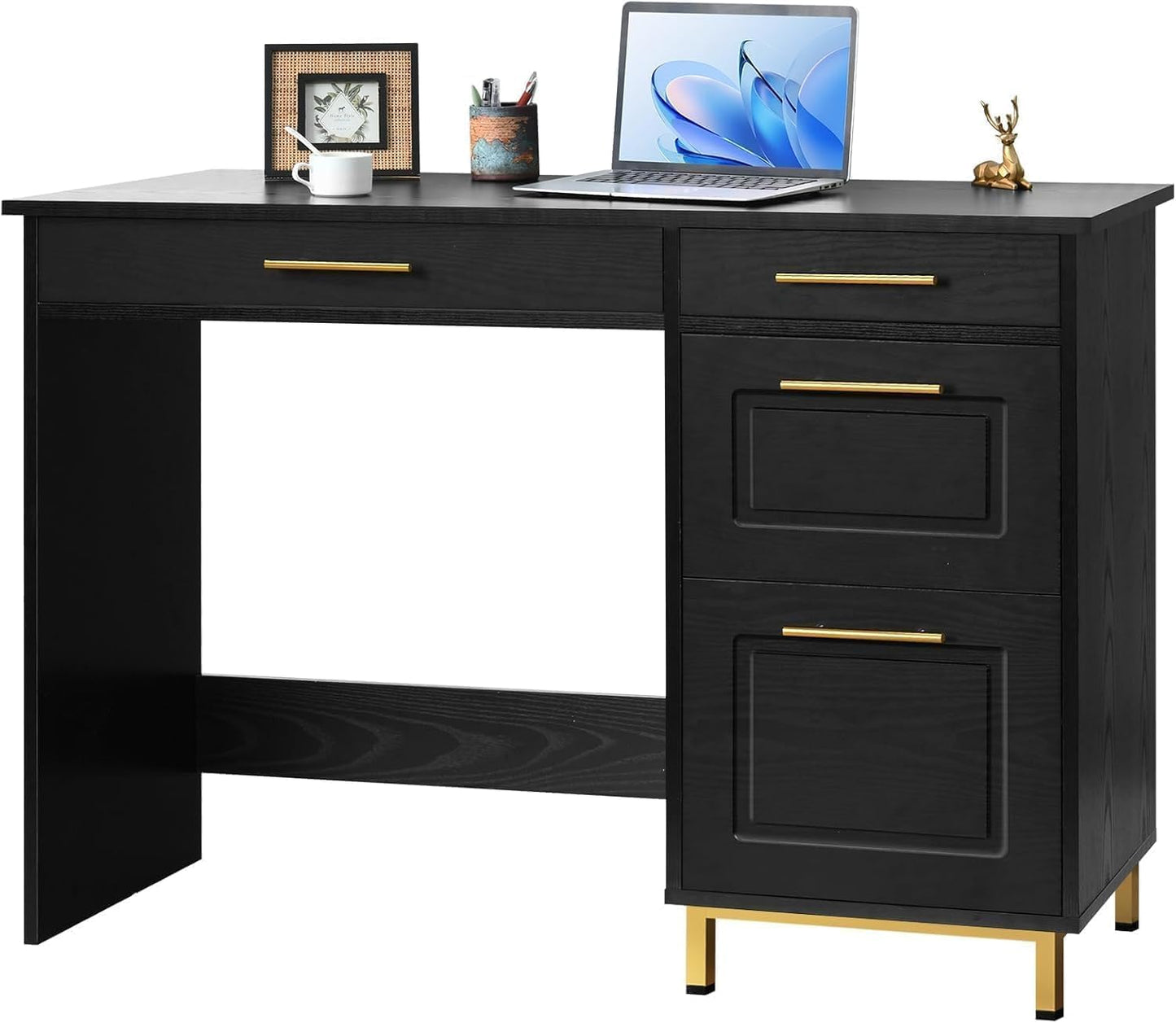 4 EVER WINNER Black Desk with Drawers, Modern Home Office Desks with Golden Handles and Drawers, Computer Table for Small Spaces, Black and Gold Desk