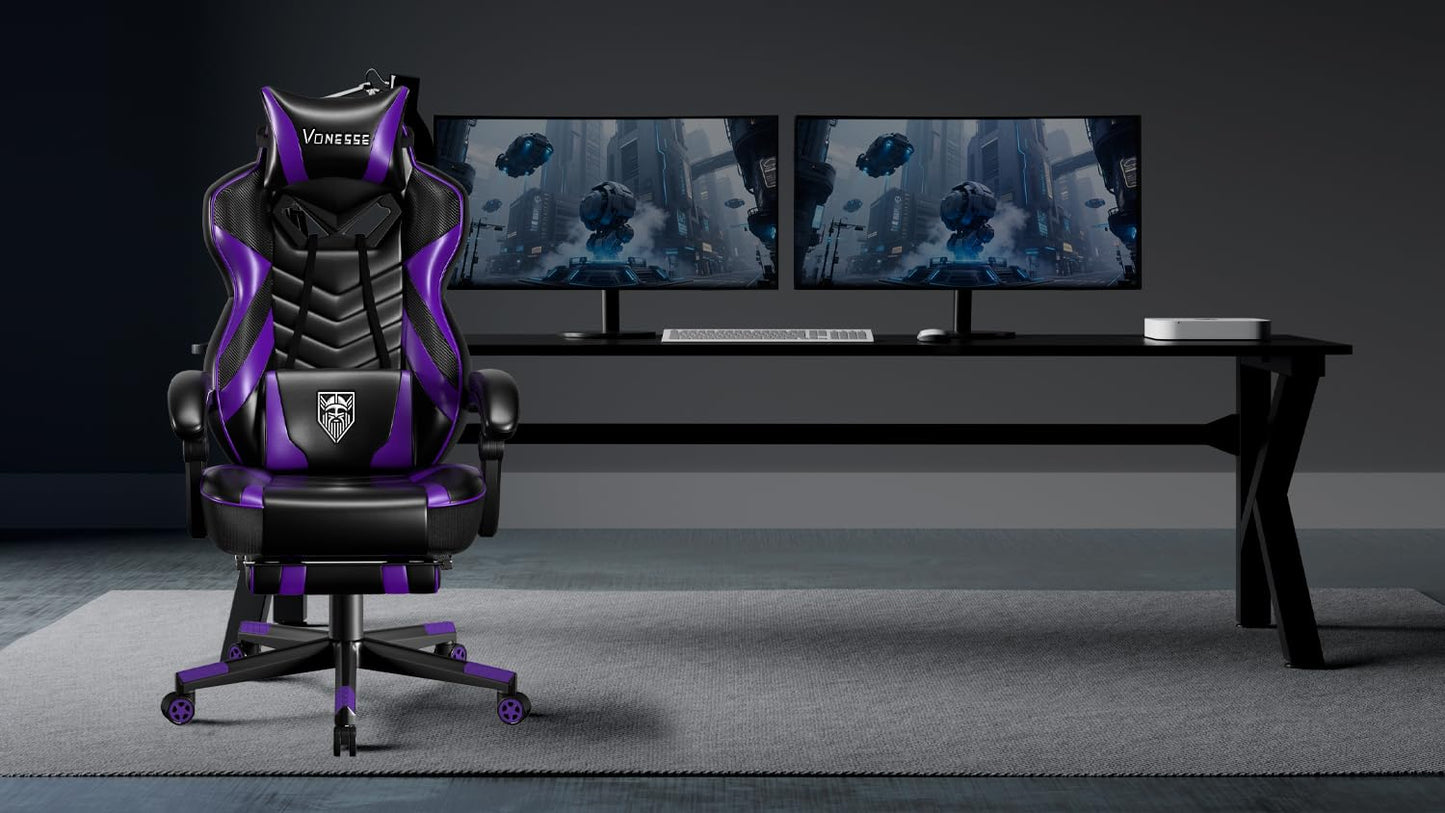 Vonesse Gaming Chair for Adults,Computer Chair with High Back,Big and Tall Gaming Chairs with Footrest and Massage,Reclining Gamer Chair(Purple/Black)