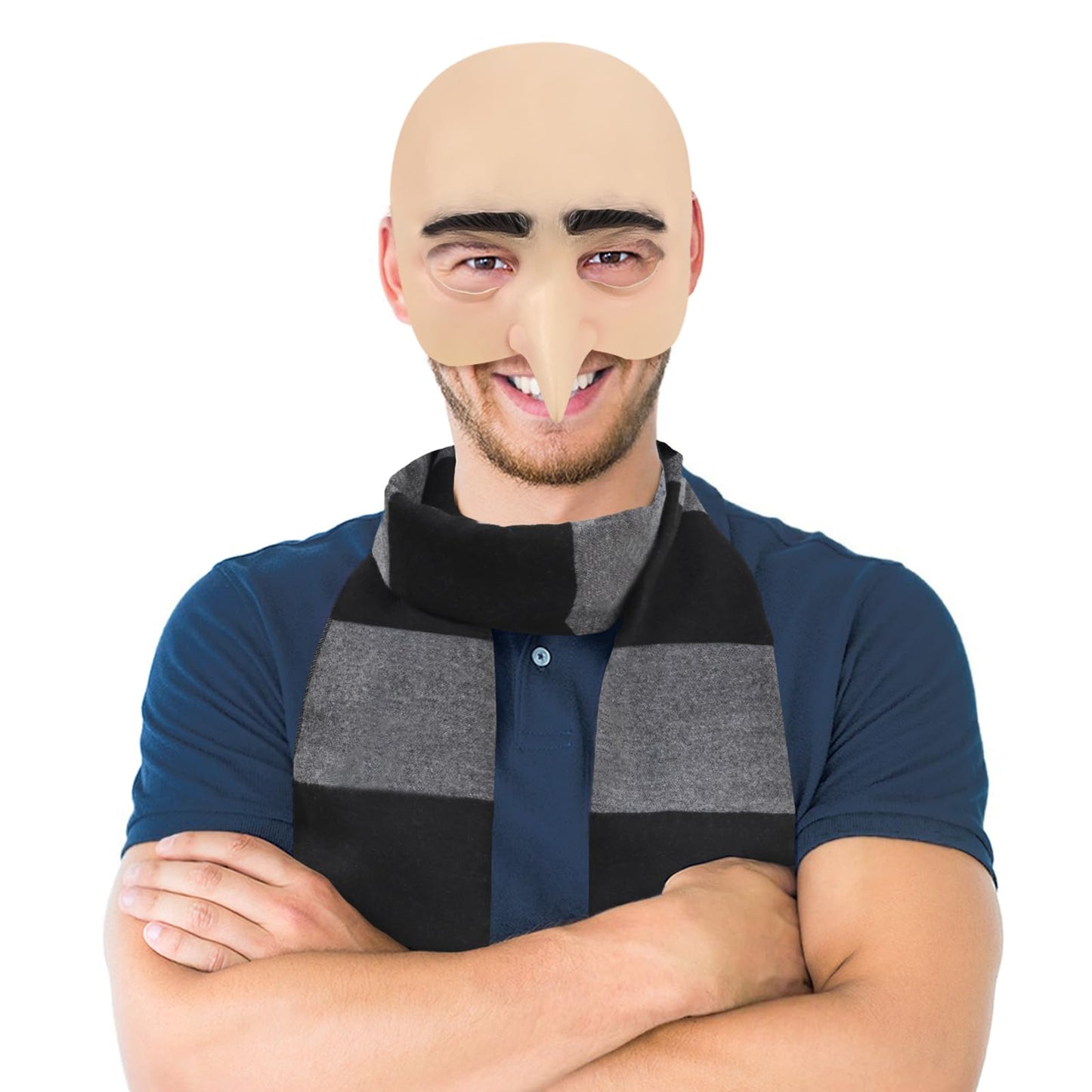 3Pcs Halloween Costume for Adult, 2025 Bald Cap for Men Halloween Black Gray Striped Scarf and Mesh Wig Cap,Cosplay Classic Characters Party Set