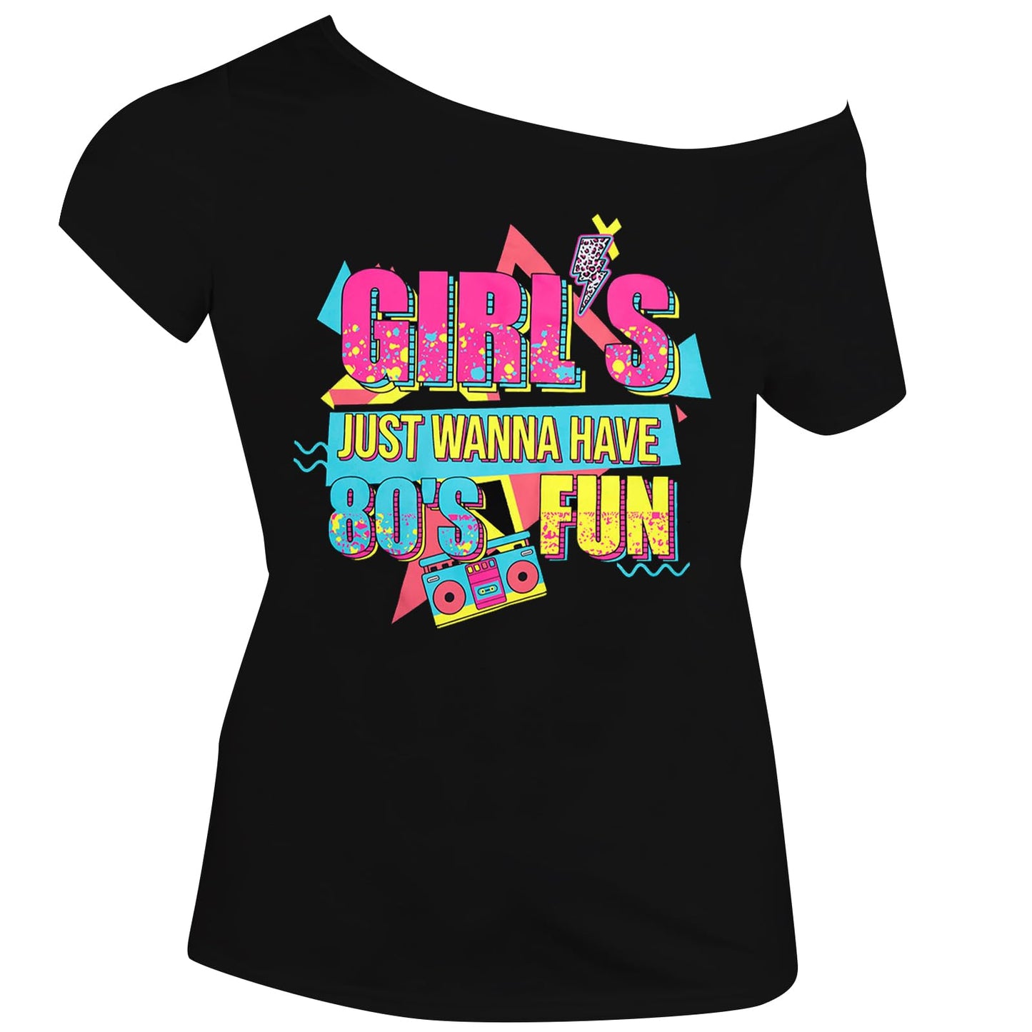 90s 80s Outfit for Women 80's Theme Party Disco Shirt Off The Shoulder Tops Vintage 90s Neon Off Shoulder Top