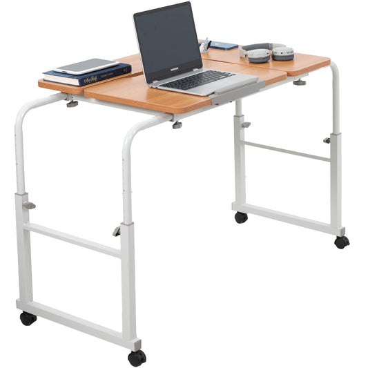 VIVO Mobile Over The Bed and Recliner Table, Tilting Laptop Tray with Height and Length Frame Adjustment, Ergonomic Overbed Kids and Adult Desk on Wheels, Light Wood, DESK-V202A