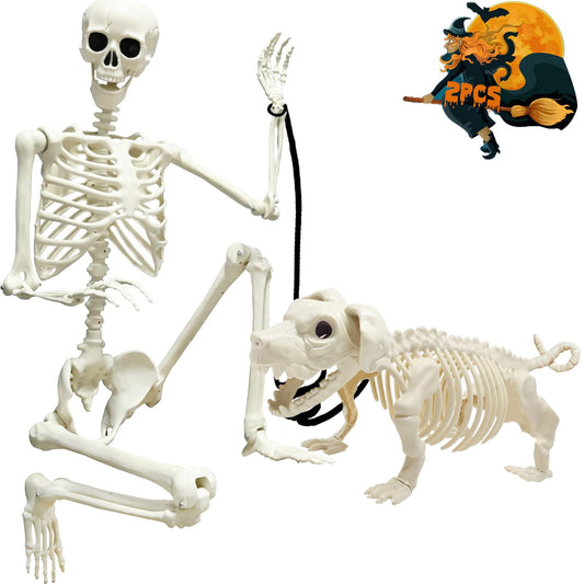 5.4ft Skeleton Halloween Decoration, Life Full Size Skeleton with Dog Skeleton, Posable Human Skeletons Realistic Plastic Bones for Halloween Haunted House Scary Decor