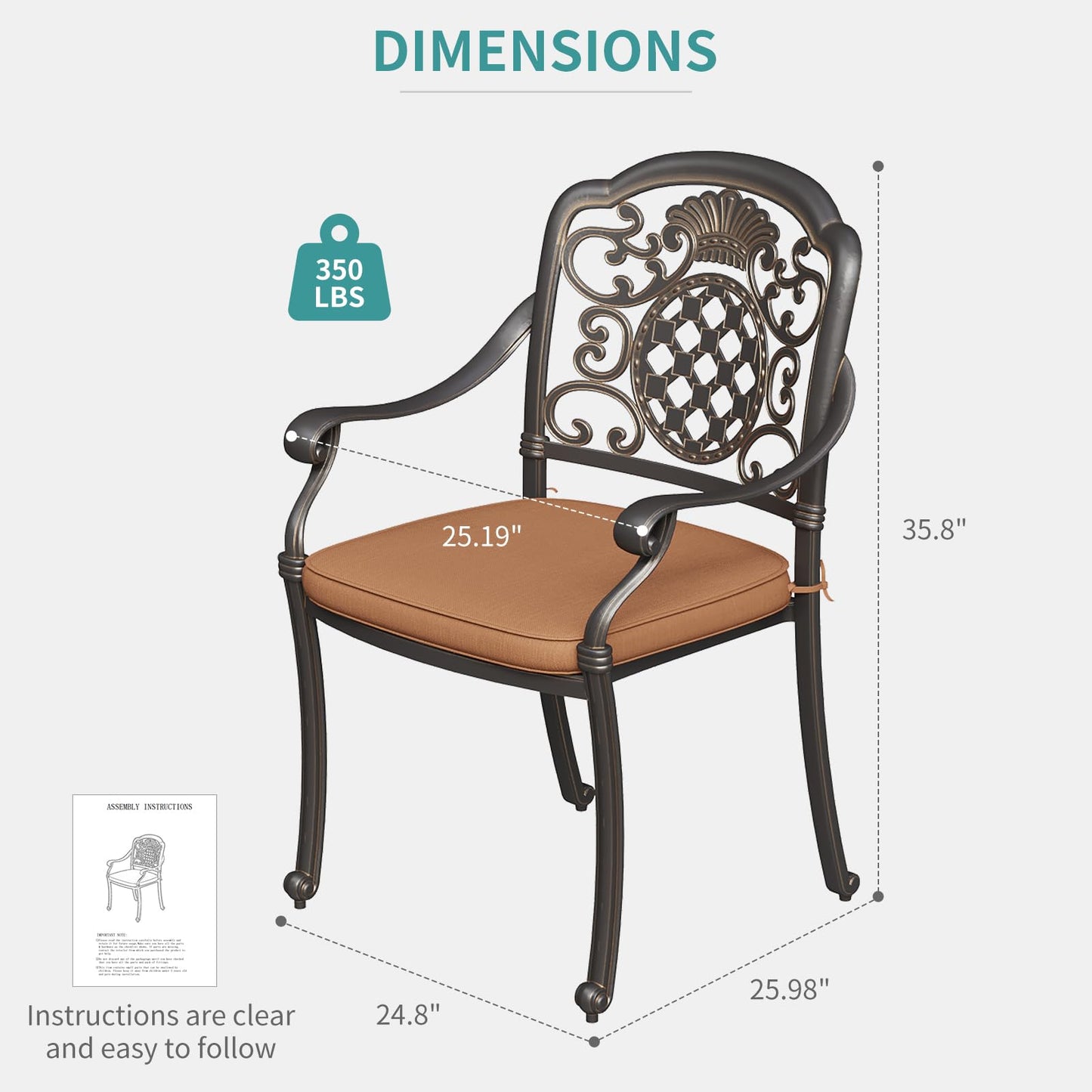 2 Piece Patio Dining Chairs with Cushions, Outdoor All-Weather Cast Aluminum Chairs, Patio Bistro Dining Chair Set of 2 for Garden Deck Backyard, Dark Bronze