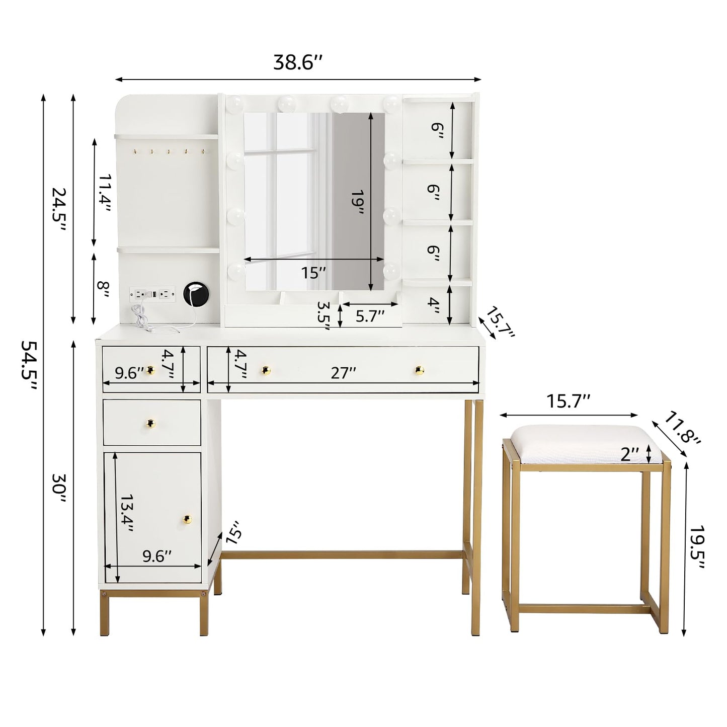 White Vanity Desk Set with Stool Mirror Lights 3 Color Lighting Dressing Table Makeup Station Charging Ports Large Beauty Desk for Bedroom Vanity Area