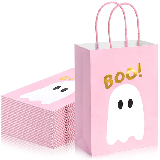 24Pcs Pink Halloween Paper Gift Bags with Handles Cute Ghost Boo Goodie Treat Bags for Halloween Baby Shower Party Trick or Treat Party Supplies