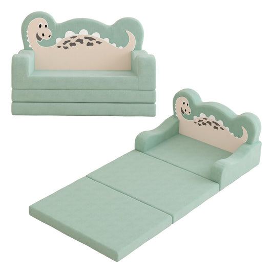 YACODAVO 2-in-1 Kids Couch Fold Out, Convertible Toddler Couch to Lounger, Toddler Chair Comfy, Kids Sofa for Girls and Boys, Gift for Birthday, Children's Day, Dinosaur Green