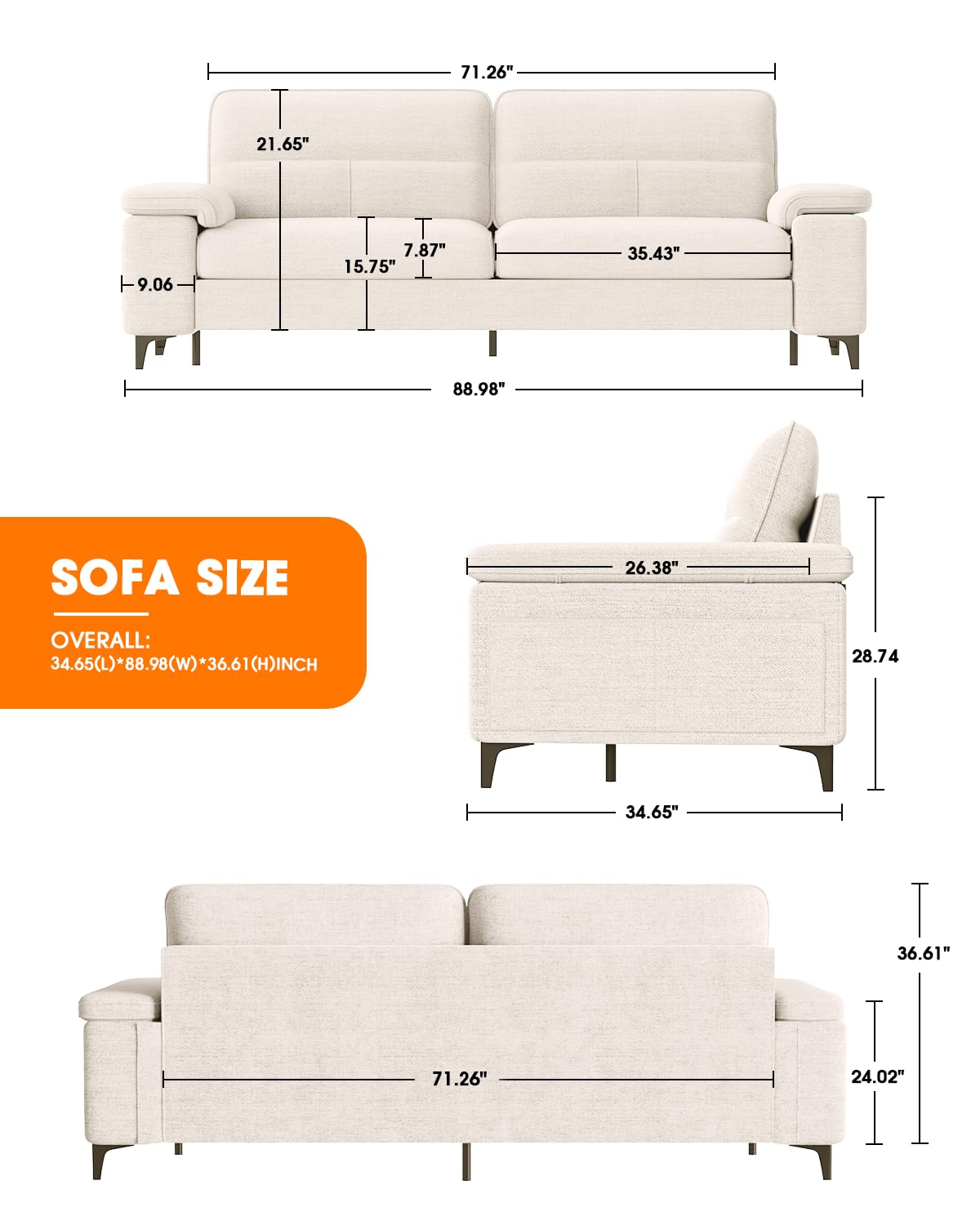 88.97" Modern Couches for Living Room, Deep Seat Sofa with 8”Cushion, Comfy 2-Seater Chenille Loveseat Sofa with Convertible Armrest, Removable Sofa Cover, High Leg (Beige)