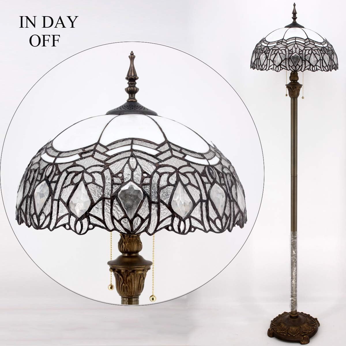 WERFACTORY Tiffany Floor Lamp Crystal Bead White Stained Glass Standing Reading Light 16X16X64 Inches Antique Pole Corner Lamp Decor Bedroom Living Room Home Office S508W Series