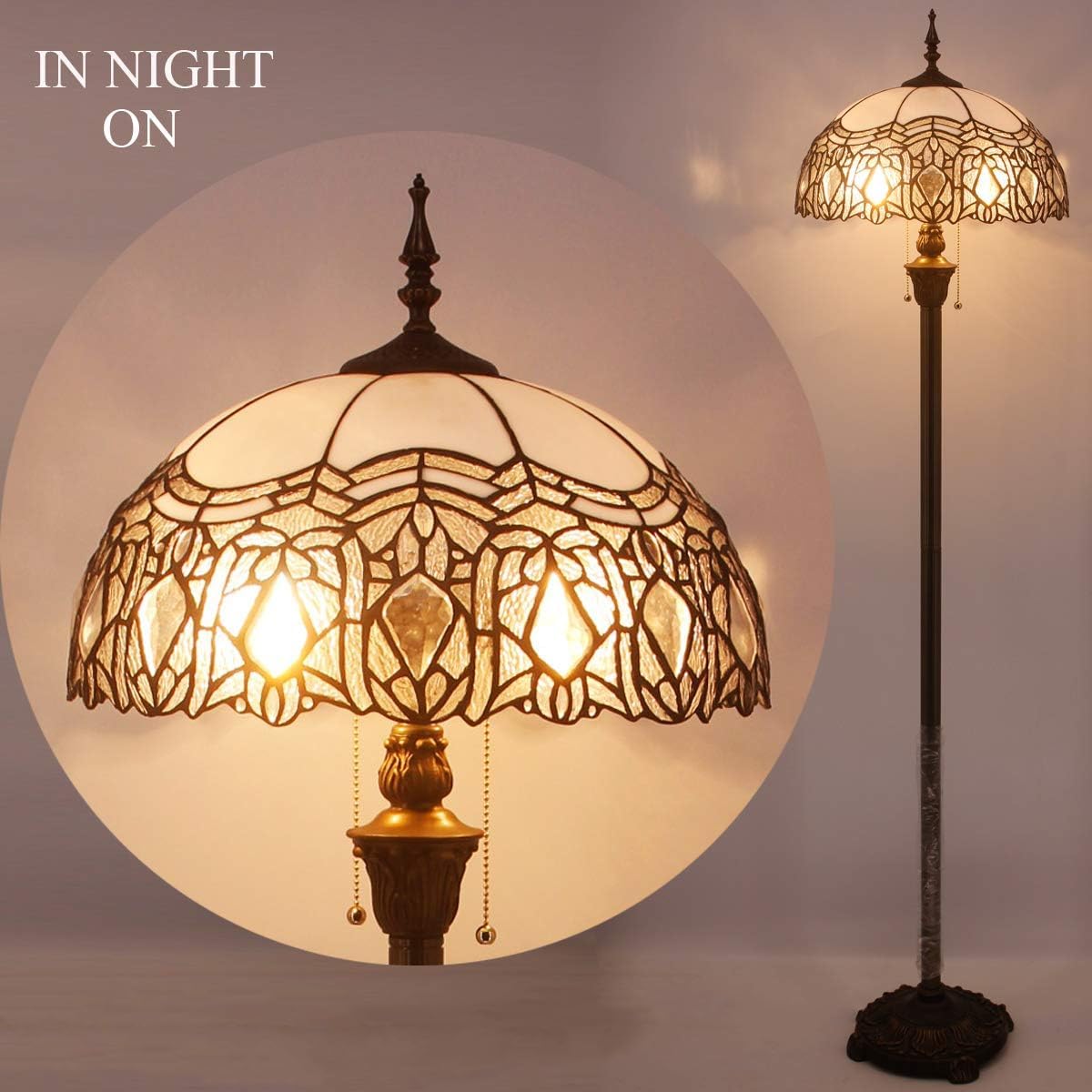 WERFACTORY Tiffany Floor Lamp Crystal Bead White Stained Glass Standing Reading Light 16X16X64 Inches Antique Pole Corner Lamp Decor Bedroom Living Room Home Office S508W Series