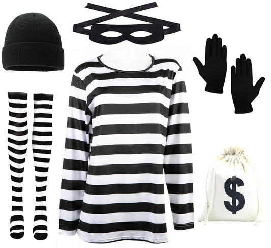 Women's Robber Costume Set Halloween Cosplay Costumes Thief Accessories Black and White Striped T-shirt (L)