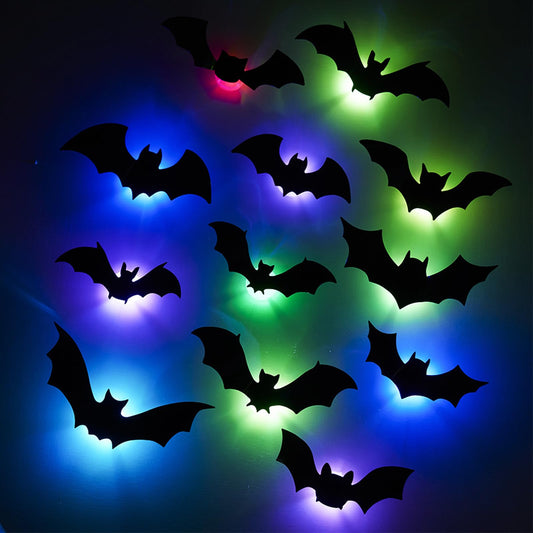 3D Bat Design LED Decoration, LED Halloween 3D Bat Decorative Wall Stickers, Light Up Bats Lighted Stickers Decor Light, Hanging Wall Luminous Glow Clings for Home Bar Halloween Party (LED-24PCS)