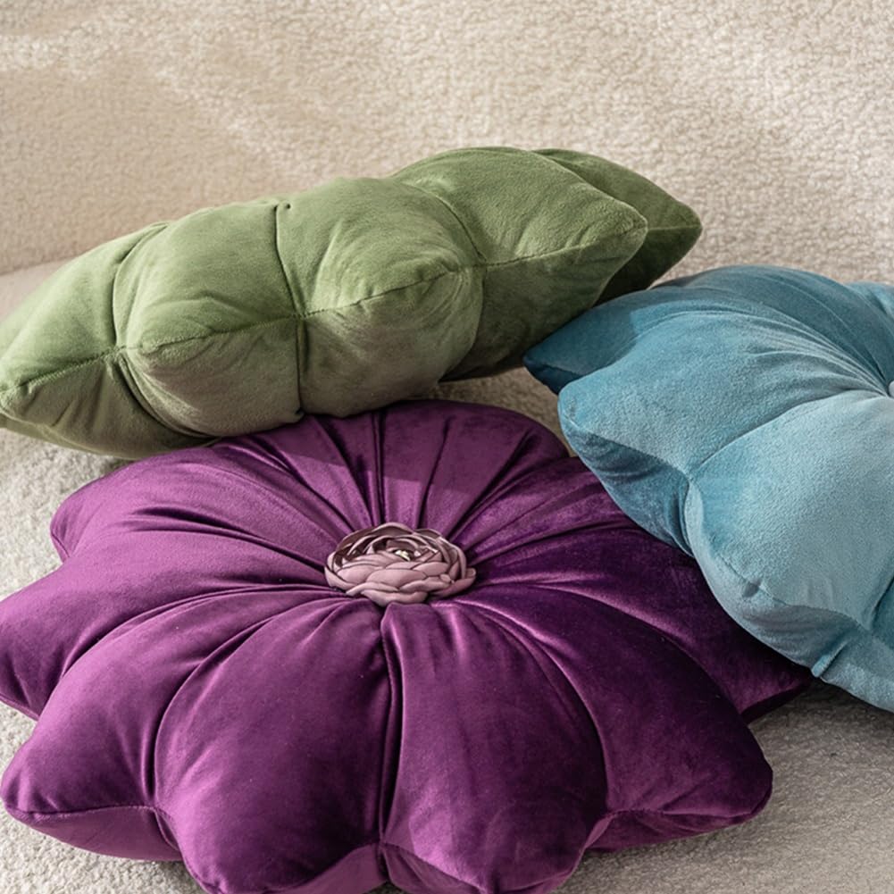 2Pcs Flower Pillow Cushion Round Aesthetics Decorative Throw Pillow 15.7" Velvet Flower Shaped Pillow for Bed Sofa Couch Vanity Chair (Green)
