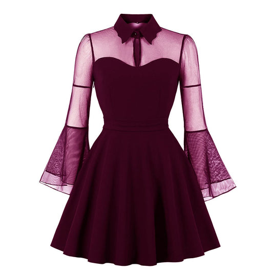 Women's Keyhole Front Mesh Bell Sleeve V-Neck Cocktail Swing Dress Knee Length 1950s A-line Mini Fit and Flare Skater Dress Peter Pan Collar Vintage 40s 50s Retro Rockabilly Prom Dress Light Purple S