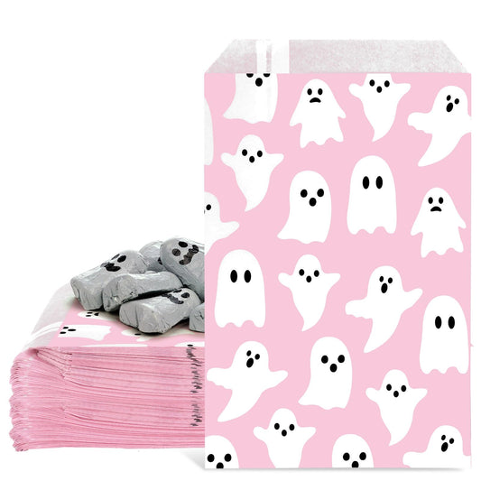Whaline 100Pcs Halloween Treat Bags 5 x 7.3in Pink White Ghost Candy Goodie Bags Cute Party Favor Snack Bag Buffet Paper Bag for Chocolate Cookie Goodies Party Favor