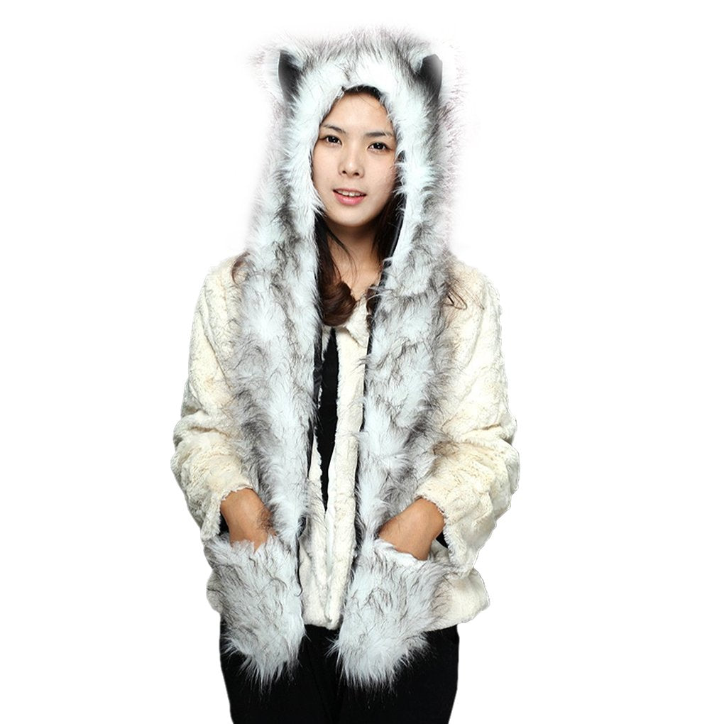 Winter Animal Hat Faux Fur Hooded Scarf Cute Furry Ears Paw Gloves Pocket Hoodie Beanie Cap Party Costume for Women Girls (White)
