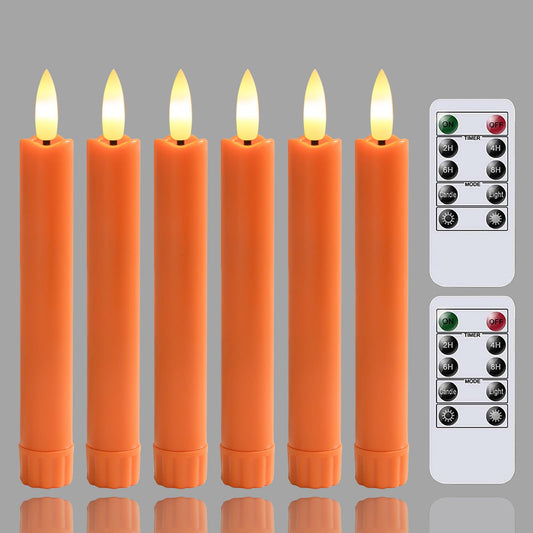 Yeelida Orange Flameless LED Taper Candles with Remote Control, 0.78"x 6.4" Long Lasting Plastic Battery Operated Flickering Short Window Candlesticks for Halloween Festival Decoration, Pack of 6