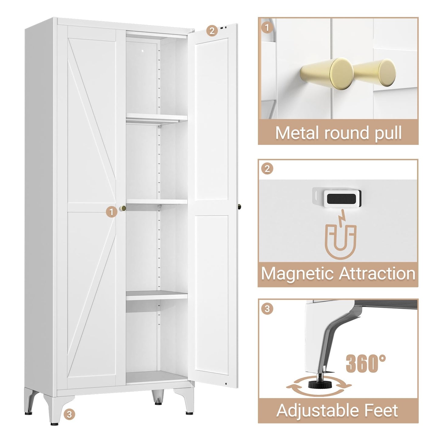65" Tall Kitchen Cabinet,Food Pantry Cabinets with Doors and Adjustable Shelves,White Metal Storage Cabinets,Large and Portable Arganization Cabinet for Pantries Kitchen Living Room Bathroom