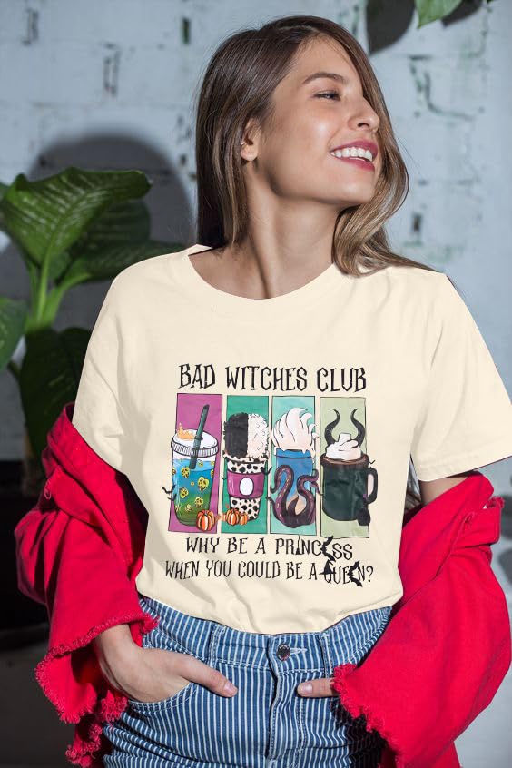 Women Bad Witches Club Shirts Villains Shirt Halloween Witches T-Shirt Evil Queen Casual Short Sleeve Tee Beige