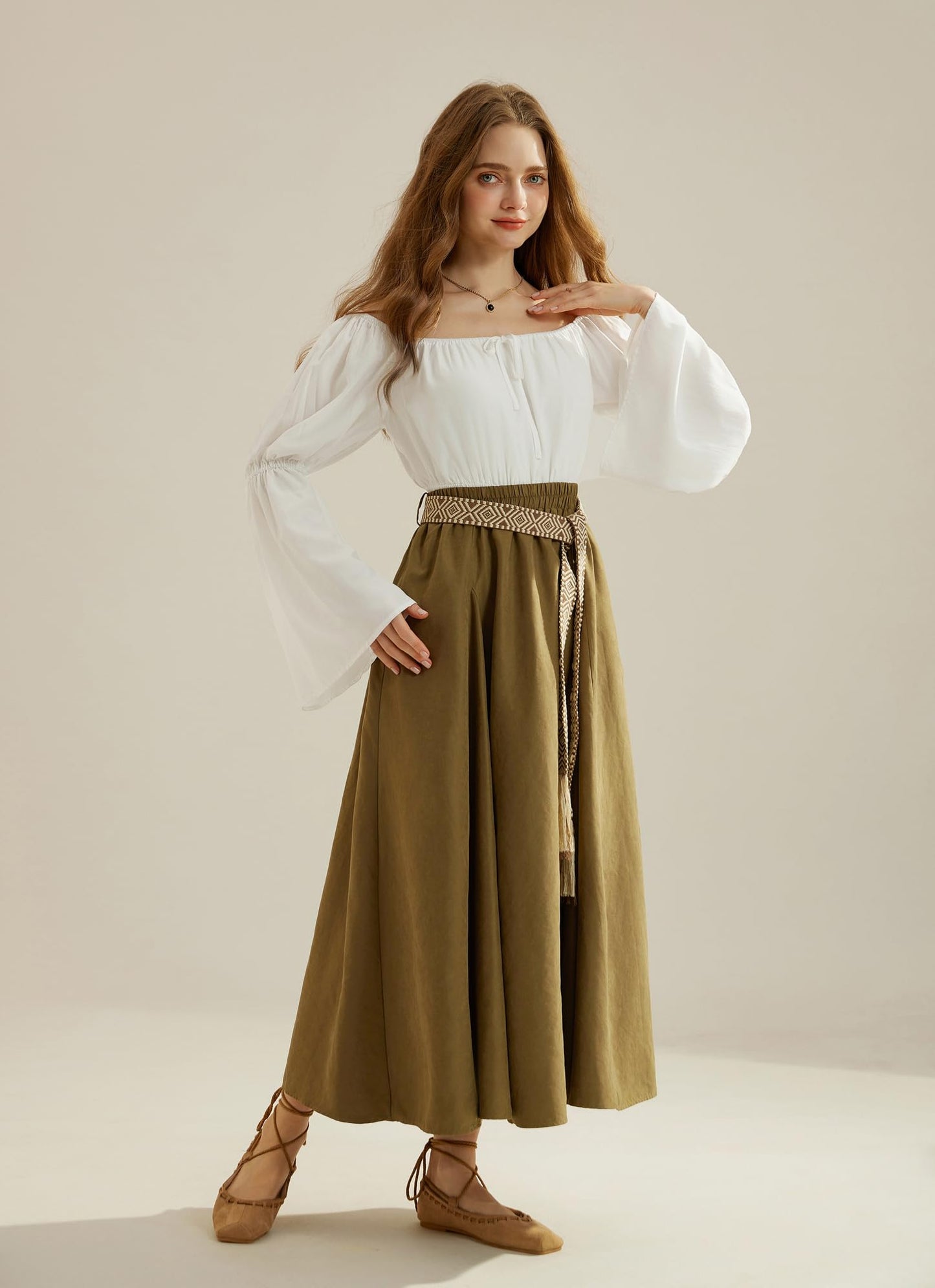 Womens 2025 Renaissance Shirt Casual Long Bell Sleeve Tops Shirt Pirate Boho Blouse White M