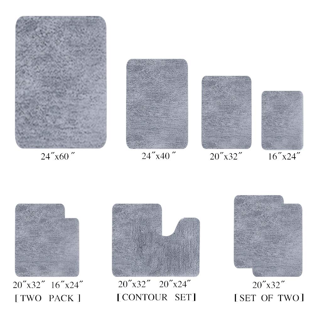 Walensee Shaggy 2 Piece Bath Rug Sets (Grey) 20 x 24 Non Slip, U Shape Contour Rug & 20 x 32, Machine Wash/Dry Plush Absorbent Bath Mats for Bathroom