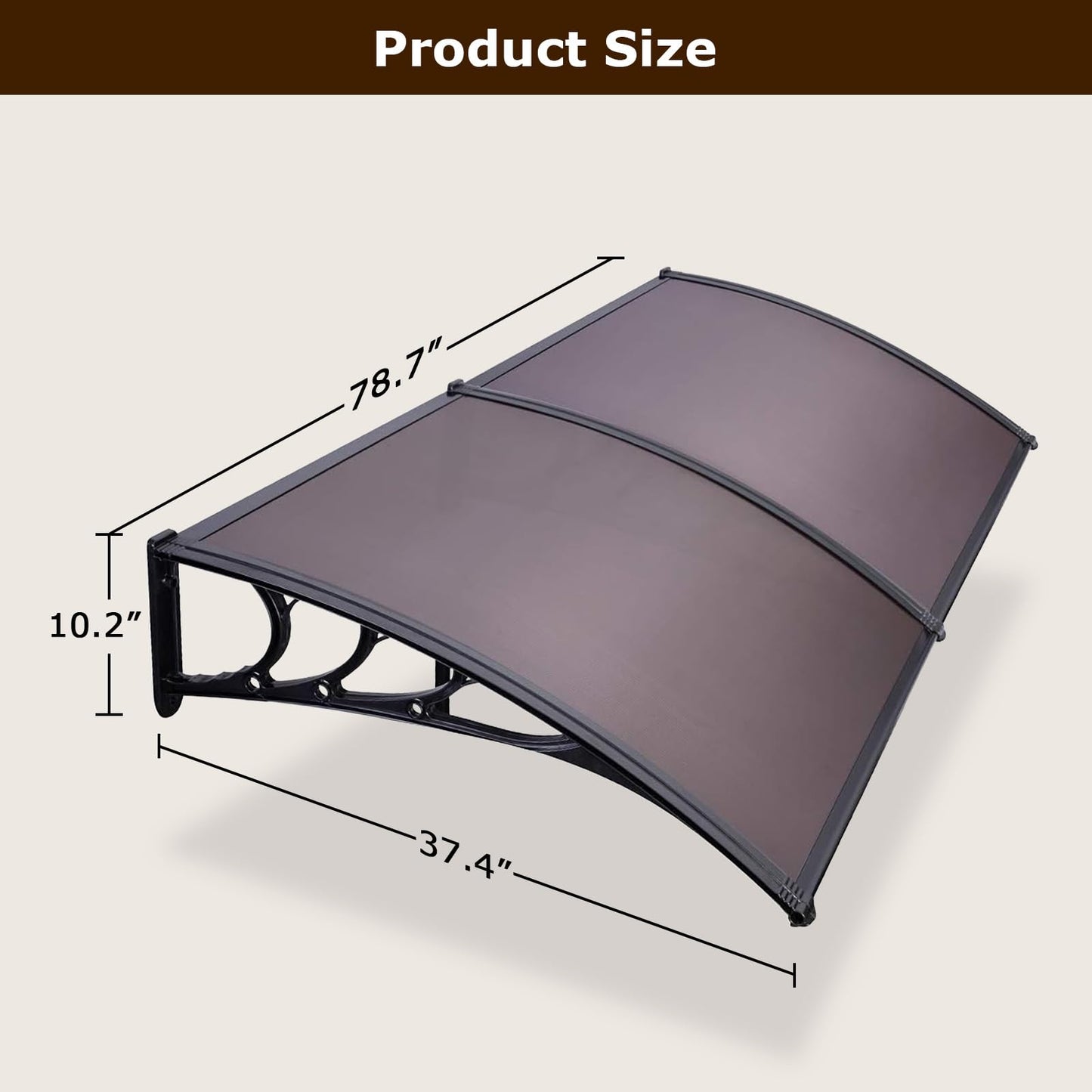 80"x40" Window Awning Door Canopy Exterior, Polycarbonate Cover Awnings for Doors Entrance, Entry Door Outdoor Front Door Overhang Awning for Sun Shutter, UV, Rain and Snow Protection, Brown