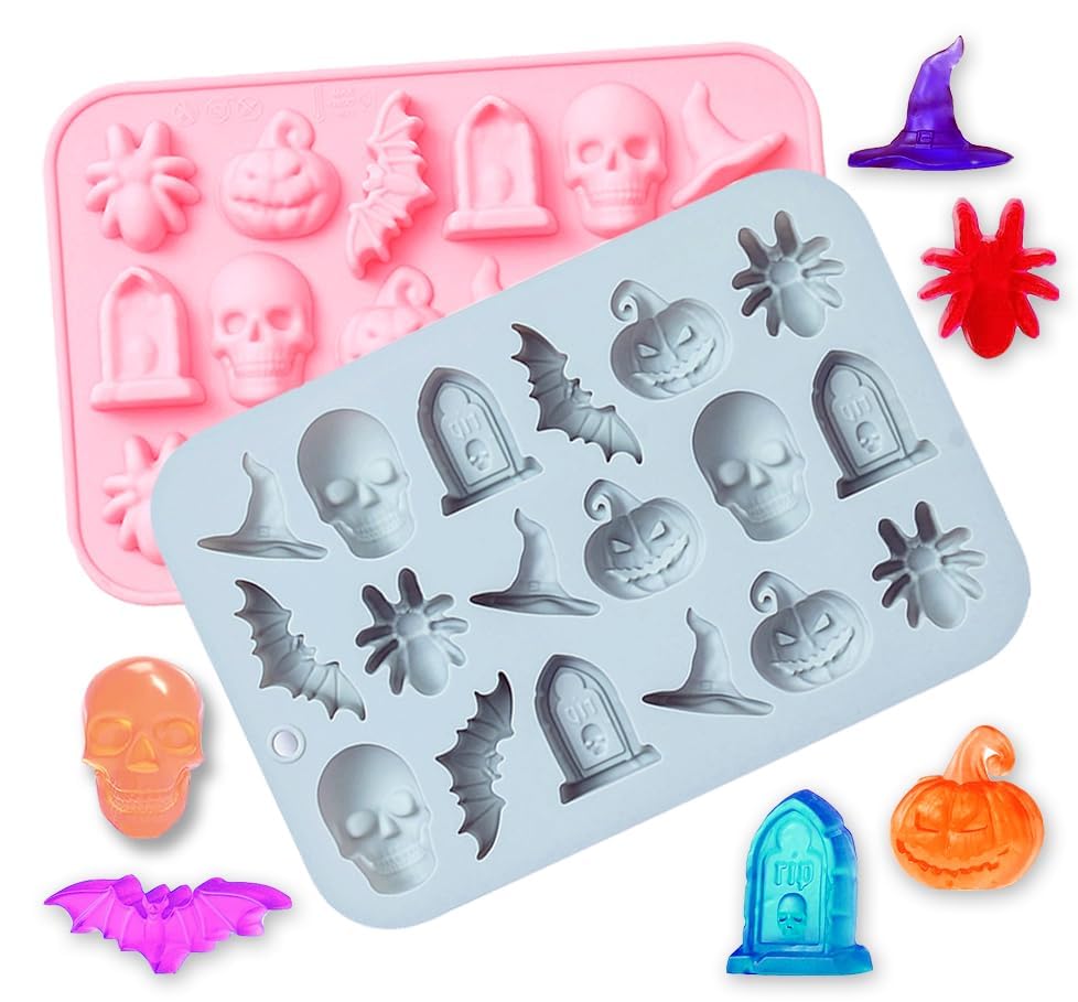 2 Pack Halloween Chocolate Mold Pumpkin Bat Skull Tomb Spider Shape Silicone Mold for Chocolate Candy Gummy Jello Ice Cube Melt Biscuits Cake Decoration Silicone Baking Mold Making Kit for Kids