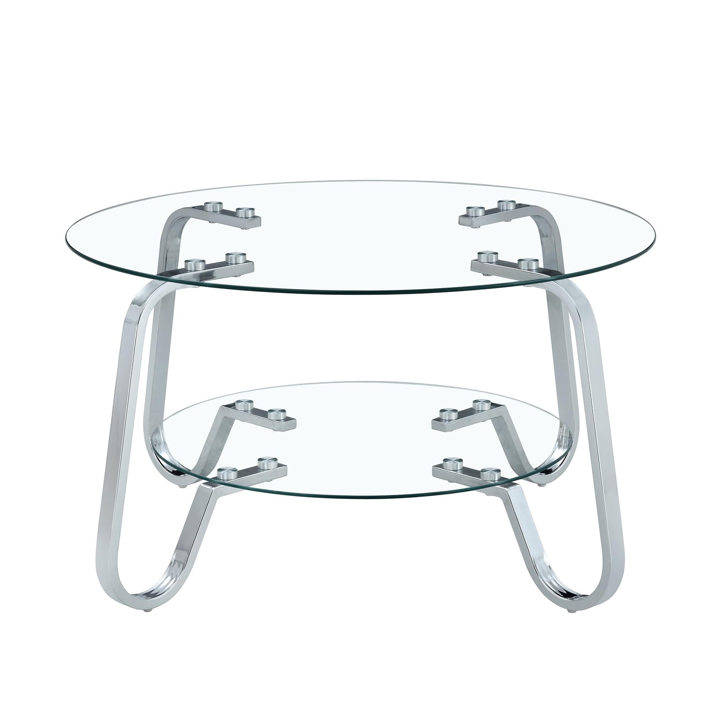 31.5" Silver Round Glass Coffee Table Modern Living Room Table 2-Layer Sofa Center Cocktail Table for Small Space Apartment, Clear Top and Retro Metal Frame (Chrome)