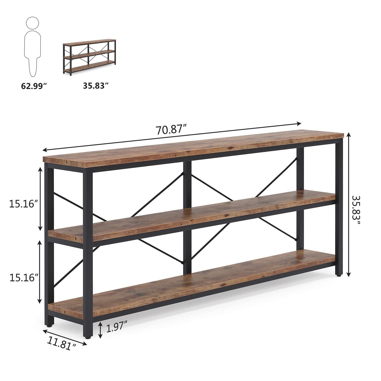 70.8" Extra Long Narrow Console Table Sofa Table Entryway Table with 3 Tiers Storage Shelves Rustic Brown Rustic, Vintage