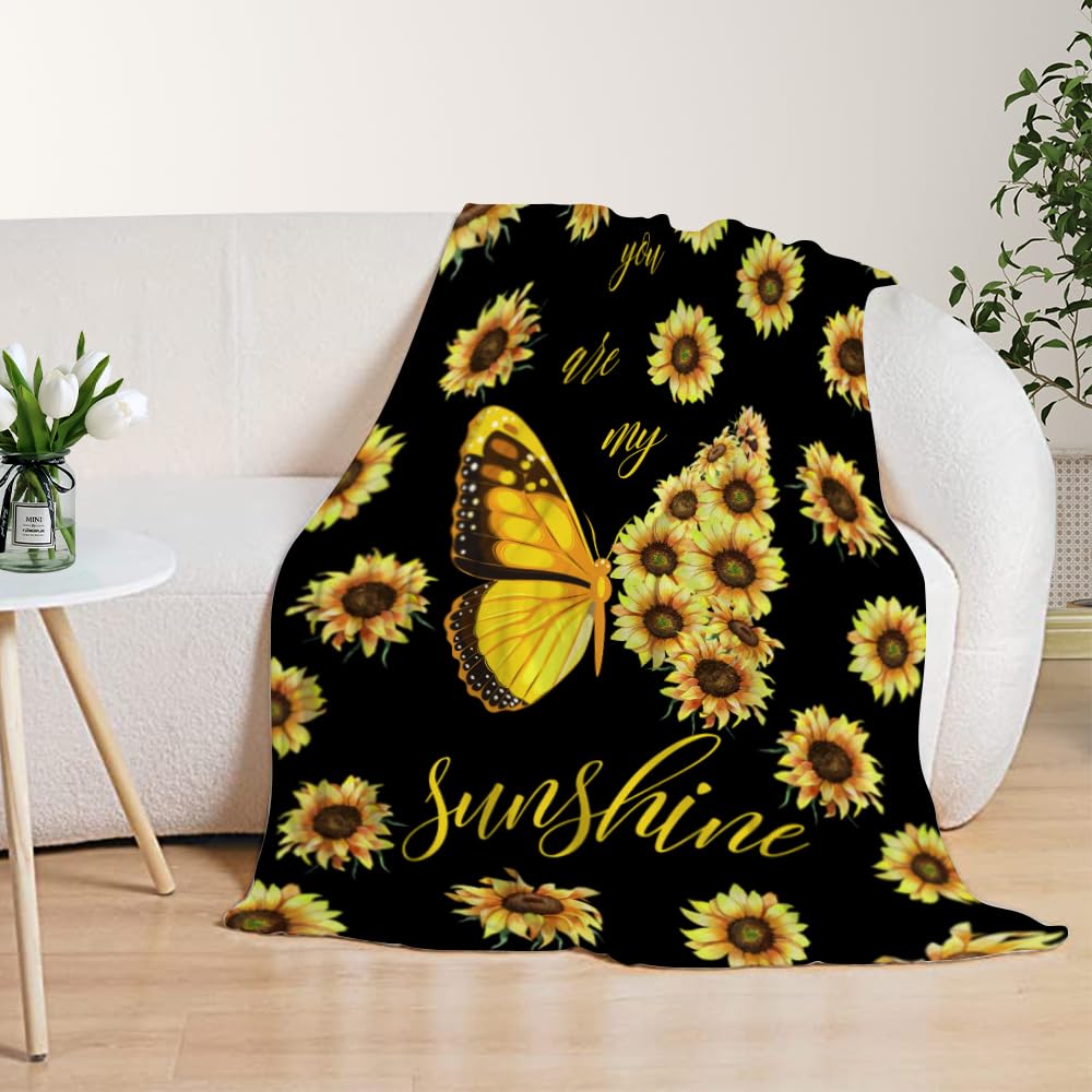 YeeJu Sunflower Throw Blanket Yellow Floral Butterfly Throw Blanket for Couch Sofa Bed Soft Gift for Women Fuzzy Plush Fleece Blankets Black Spring Summer Flower Decorations Blanket 50x60