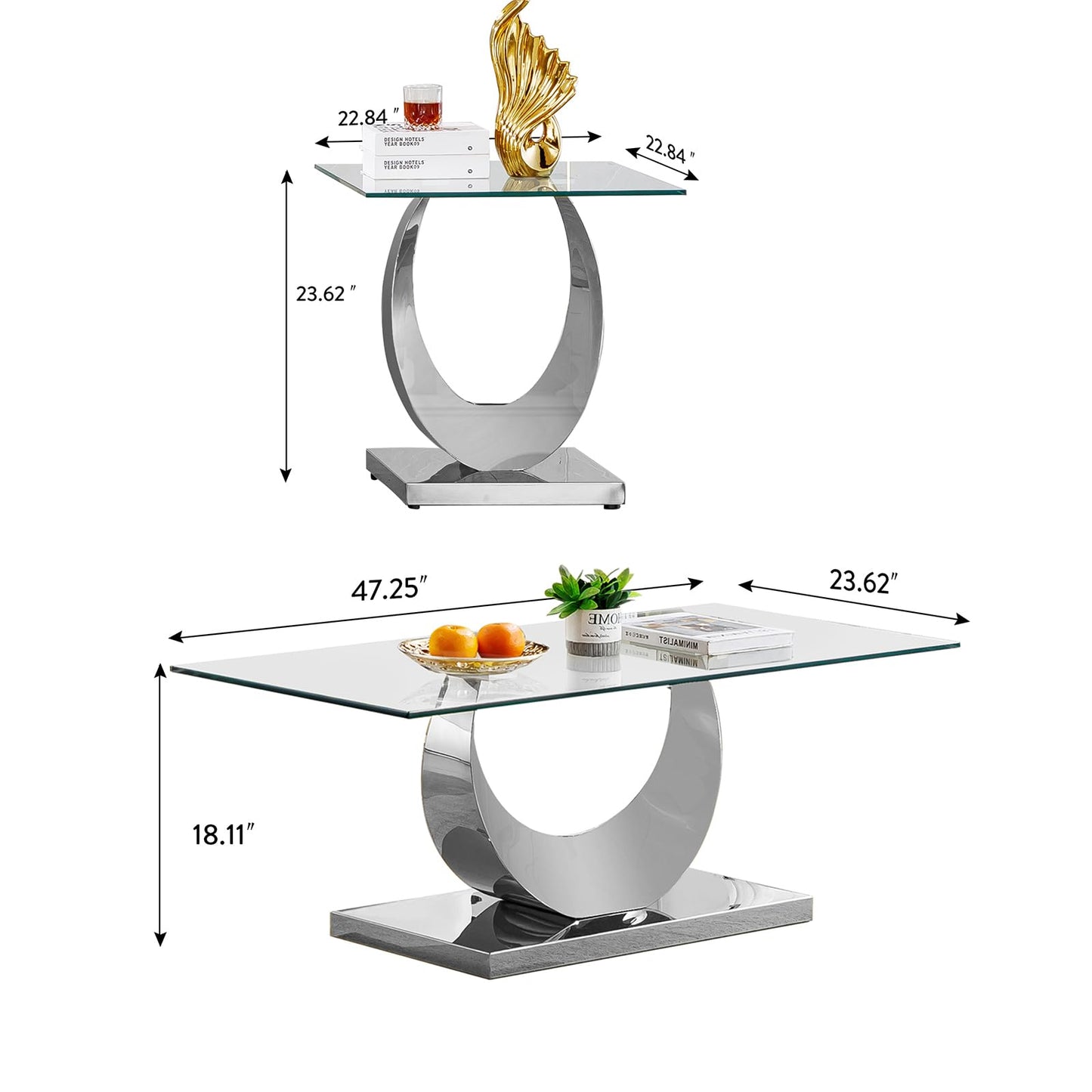 3 Pieces Luxury Silver Living Room Table Set, Modern Glass Coffee Table Set of 3, Rectangle Center Table and 2 End Tables with Moon-Shaped Stainless Steel Base for Living Room Apartment