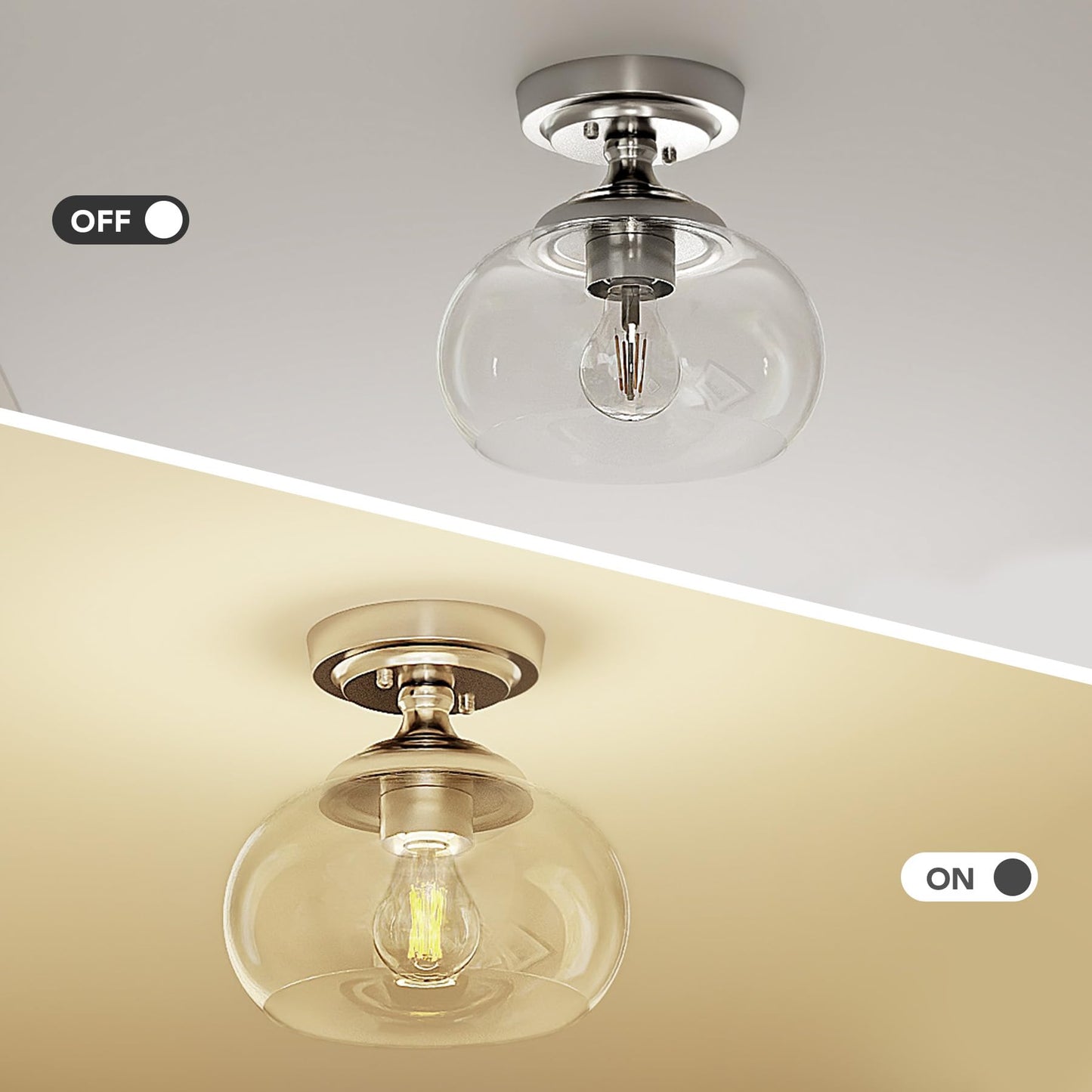 VONLUCE Industrial Semi Flush Mount Ceiling Light, 8.3" Ceiling Light Fixture with Clear Glass Shade, Farmhouse Lighting for Hallway Kitchen Bedroom Entryway, Brushed Nickel Flush Mount Light Fixture