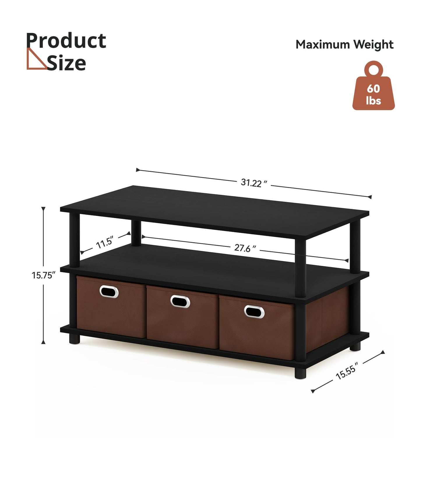 VPSMAT Coffee Table for Living Room, Wood Center Table with Storage Shelf and 3 Drawers for Living Room Apartment Home Office Black/Brown