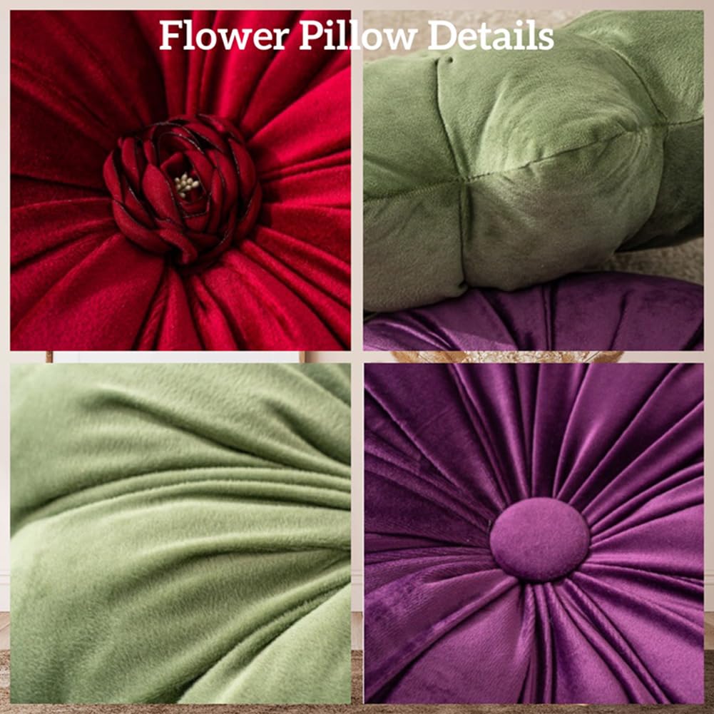 2Pcs Flower Pillow Cushion Round Aesthetics Decorative Throw Pillow 15.7" Velvet Flower Shaped Pillow for Bed Sofa Couch Vanity Chair (Green)