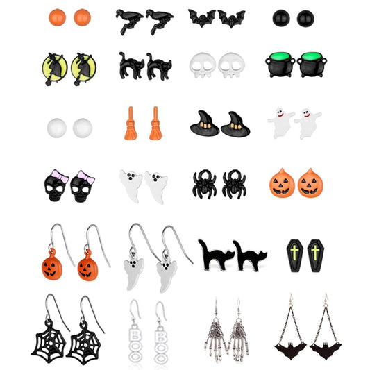 24 Pairs Halloween Earrings for Women Bat Witch Cat Earrings Set Spider Web Pumpkin Skull Dangle Earring Halloween Jewelry Accessories Costumes