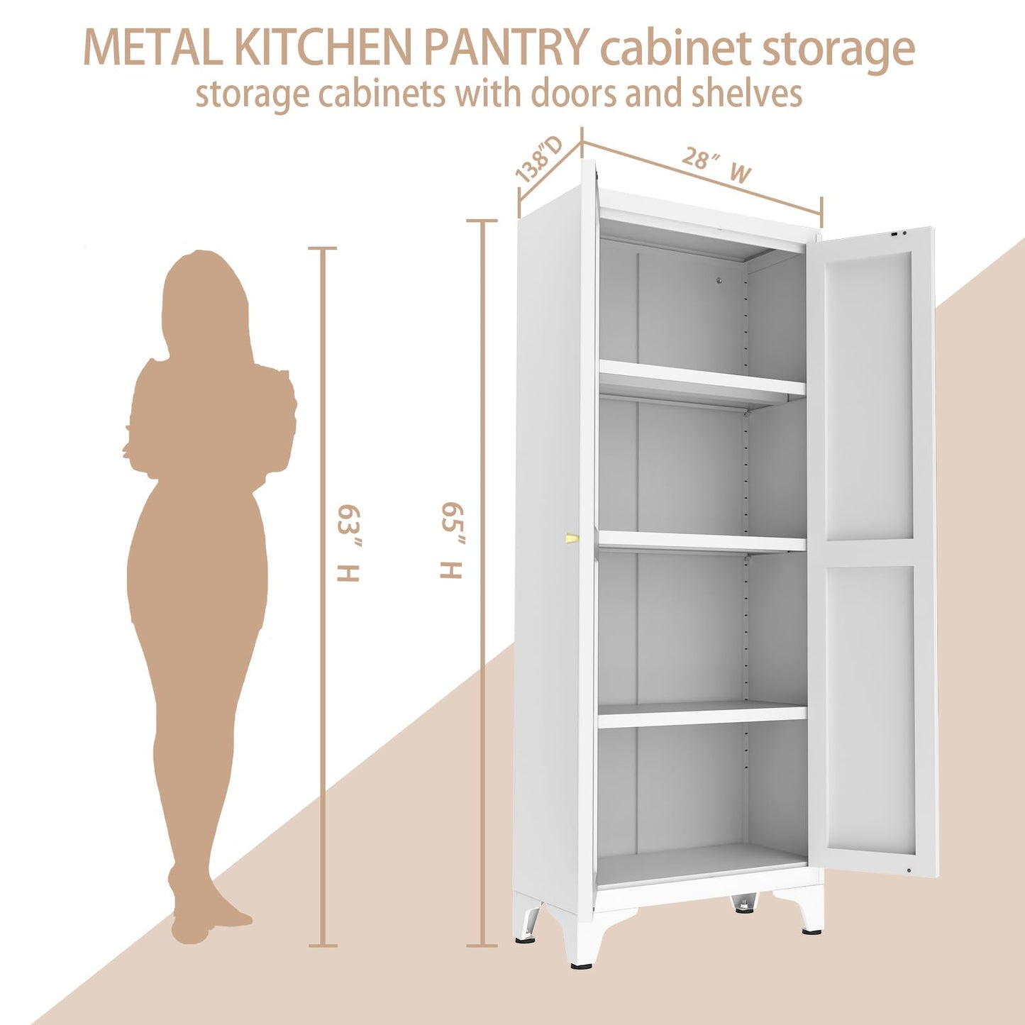 65" Tall Kitchen Cabinet,Food Pantry Cabinets with Doors and Adjustable Shelves,White Metal Storage Cabinets,Large and Portable Arganization Cabinet for Pantries Kitchen Living Room Bathroom