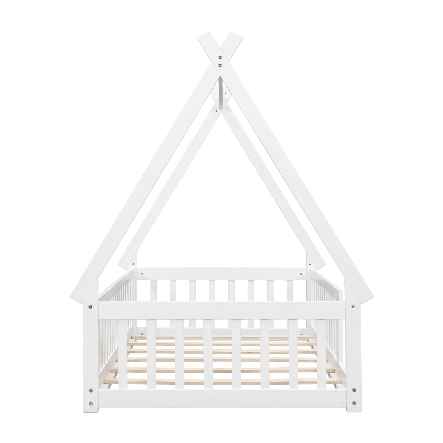 Wekuku Twin Tent Shaped Floor Bed for Kids – Teepee with Guardrails Slats, White Wooden Playhouse Bed for Bedroom, Montessori Inspired Design