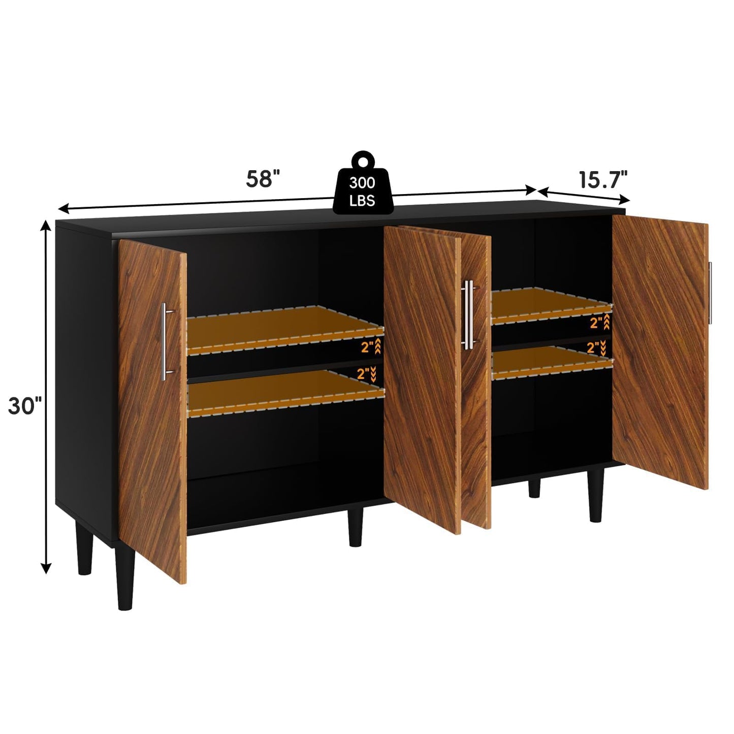 4 EVER WINNER Sideboard Buffet Cabinet with Storage, 58" Large Storage Cabinet with Adjustable Shelves, Modern Coffee Bar with 4 Doors for Living Room Entryway, Walnut and Black