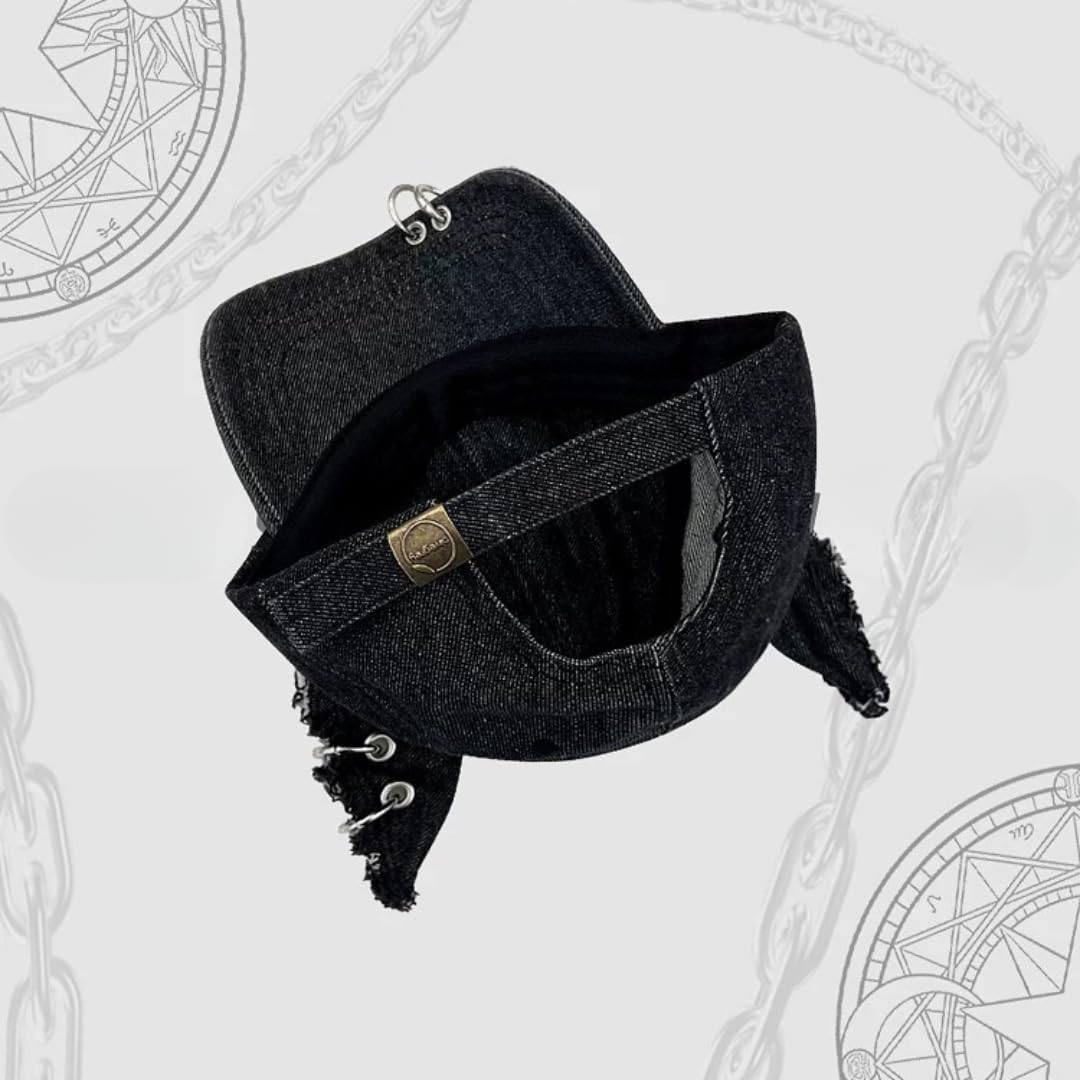 Y2k Iron Ring Trucker Hat Cat Ear Baseball Cap Women Caps Distressed Denim Baseball Cap Grunge Aesthetic Hat (Black)